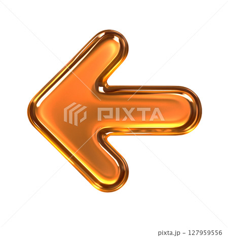 光沢感のあるオレンジの左向き矢印アイコン、立体的なガラス風の左矢印、鮮やかなオレンジの左向き記号 127959556