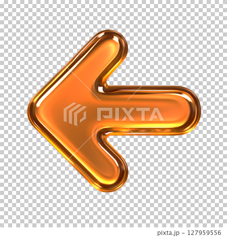 光沢感のあるオレンジの左向き矢印アイコン、立体的なガラス風の左矢印、鮮やかなオレンジの左向き記号 127959556