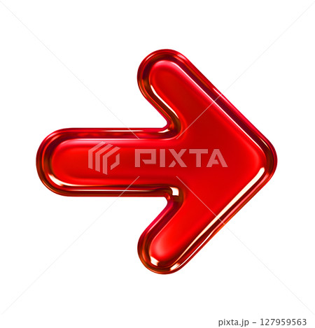 光沢感のある赤い右向き矢印アイコン、立体的で鮮やかな右向き矢印、ガラス質感の赤色右矢印マーク 光沢感のある赤い右向き矢印アイコン、立体的で鮮やかな右向き矢印、ガラス質感の赤色右矢印マーク 127959563