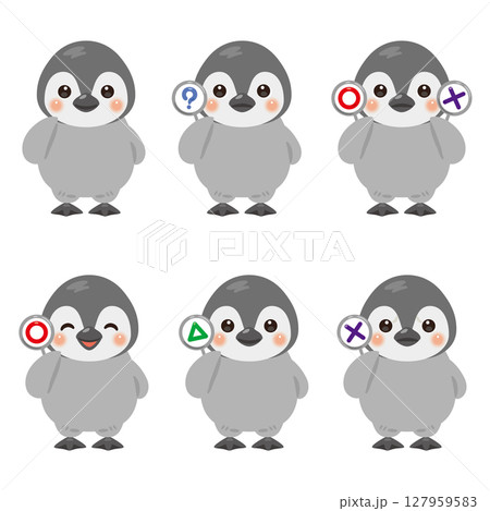 ○×△の札を持った赤ちゃんペンギンのキャラクターイラストセット 127959583