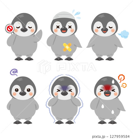 様々な状態の赤ちゃんペンギンのキャラクターイラストセット 127959584