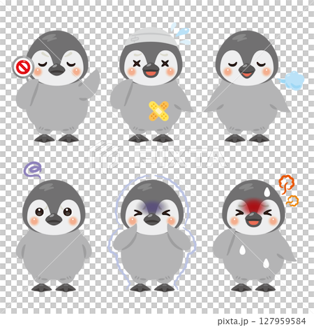 様々な状態の赤ちゃんペンギンのキャラクターイラストセット 127959584