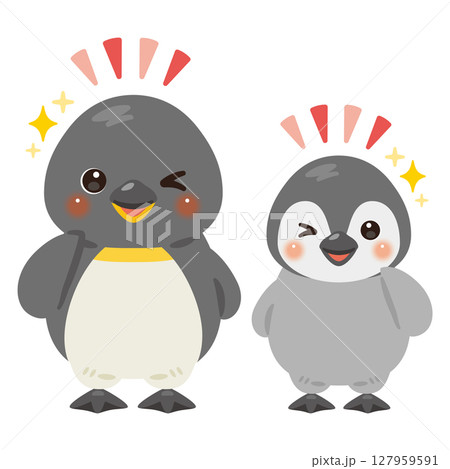 グッドサインを出すペンギン親子のキャラクターイラスト 127959591