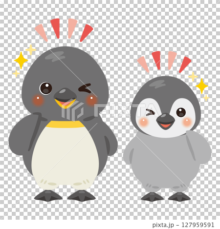 グッドサインを出すペンギン親子のキャラクターイラスト 127959591