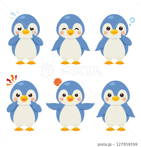 青いペンギンのキャラクターイラスト　表情セット 127959599