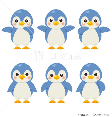 指さしをする青いペンギンのキャラクターイラストセット 127959600