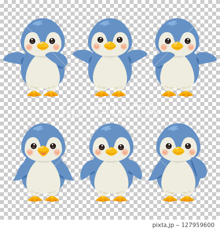 指さしをする青いペンギンのキャラクターイラストセット 127959600