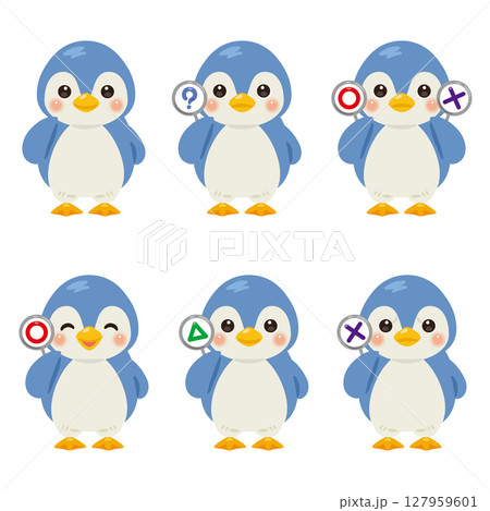 ○×△の札を持った青いペンギンのキャラクターイラストセット 127959601