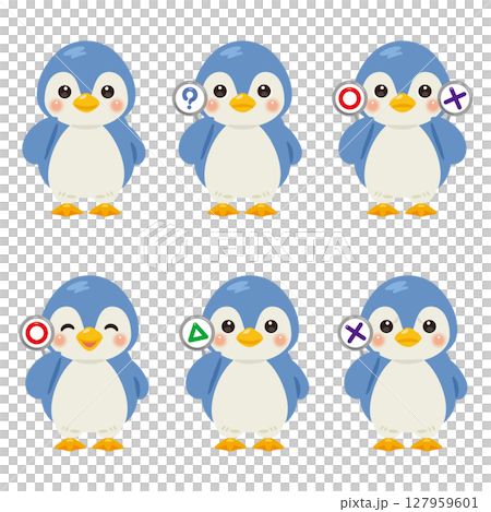 ○×△の札を持った青いペンギンのキャラクターイラストセット 127959601