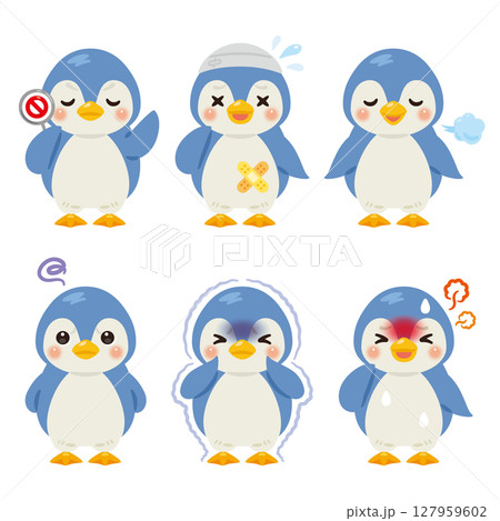 様々な状態の青いペンギンのキャラクターイラストセット 127959602