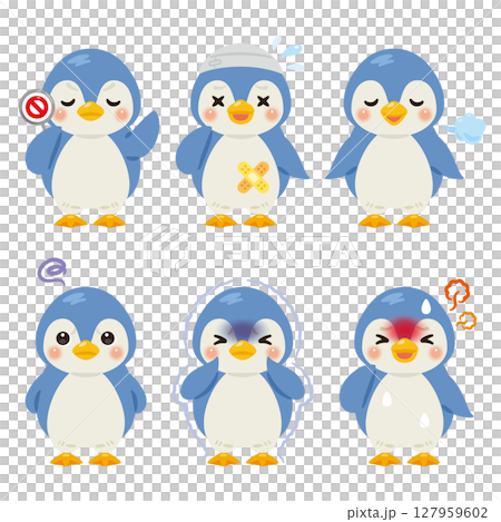 様々な状態の青いペンギンのキャラクターイラストセット 127959602