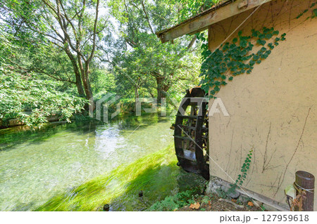 ＜安曇野＞大王わさび農場の水車と美しい小川の絶景 127959618