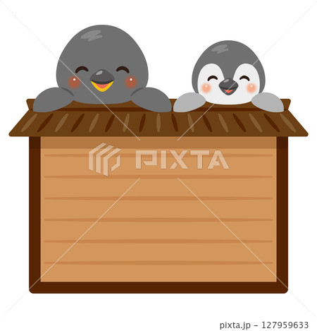 木製看板に乗った笑顔のペンギン親子のキャラクターイラスト 127959633
