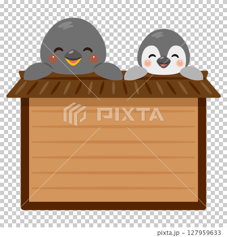 木製看板に乗った笑顔のペンギン親子のキャラクターイラスト 127959633