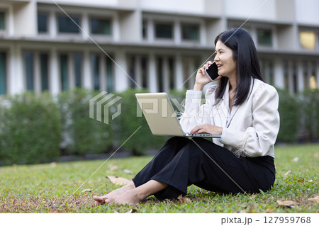 Future remote work combines technology smart phone connection online white digital business woman enable e-learning productivity while travel blend comfort modern devices serenity computer equipment 127959768