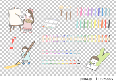 Illustration set of children drawing pictures Illustration set of art supplies Children learning art Illustration set of children drawing pictures Illustration set of art supplies Children learning art 127960005