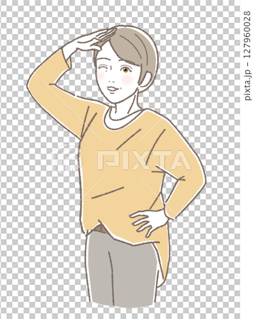中年婦女雙手叉腰，望向遠方 127960028
