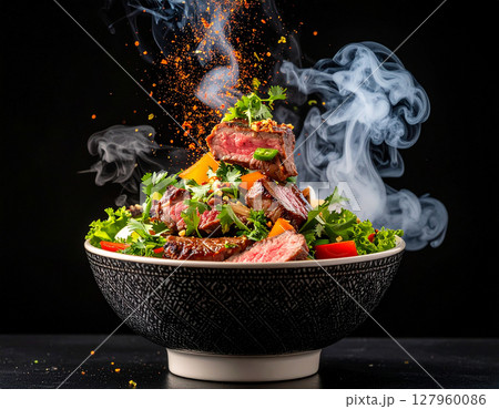 AI generated smoky thai sue rong hai grilled beef with fresh ingredients falling into ornate thai bowl juicy marinated steak spicy dipping sauce aromatic herbs AI generated smoky thai sue rong hai grilled beef with fresh ingredients falling into ornate thai bowl juicy marinated steak spicy dipping sauce aromatic herbs 127960086