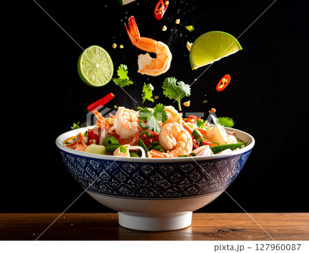 AI generated authentic thai goong chae nam pla featuring fresh shrimp and ingredients falling into ornate thai bowl zesty lime garlic chili fish sauce dressing AI generated authentic thai goong chae nam pla featuring fresh shrimp and ingredients falling into ornate thai bowl zesty lime garlic chili fish sauce dressing 127960087