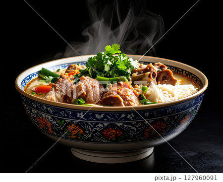 AI generated rich thai khao kha moo with tender braised pork leg and ingredients falling into ornate thai bowl savory five-spice broth melt-in-mouth texture AI generated rich thai khao kha moo with tender braised pork leg and ingredients falling into ornate thai bowl savory five-spice broth melt-in-mouth texture 127960091