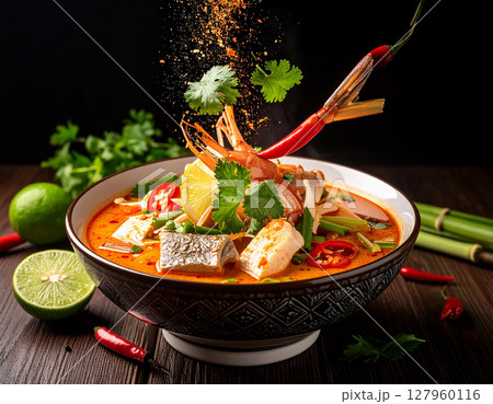 AI generated tangy thai kaeng som nor mai pla riu kiu with fresh ingredients falling into ornate thai bowl fermented fish bamboo shoots spicy herbal broth 127960116
