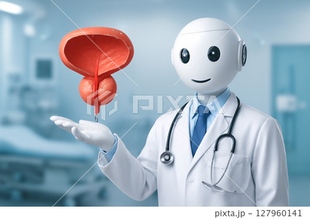 AI generated image of a friendly white medical robot presenting a realistic human prostate gland in a modern sci fi hospital exam room 127960141
