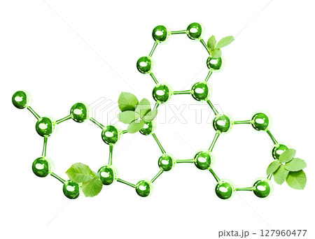 Organic molecular structure with green hues and leaves. 3d glass atom model with leaf. Ecology, go green, Green Energy, environmental, conservation protection concept. Isolated on white background 127960477