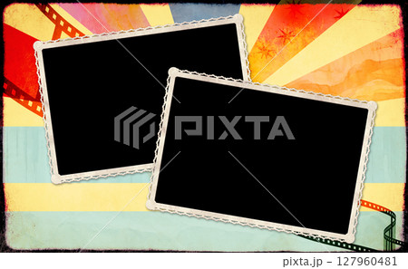 Two retro photo frame on grunge horizontal background with old paper textures and retro filmstrip. Creative backdrop with striped burst pattern in various hues and photo. Nostalgic scrapbooking style 127960481