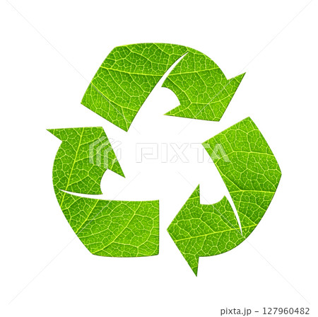 New life. Arrows recycle symbol and green leaf. Reuse, renewable resources. Eco-friendly, Ecology, go green, Green Energy, environmental, zero waste, responsible consumption concept. Isolated on white 127960482