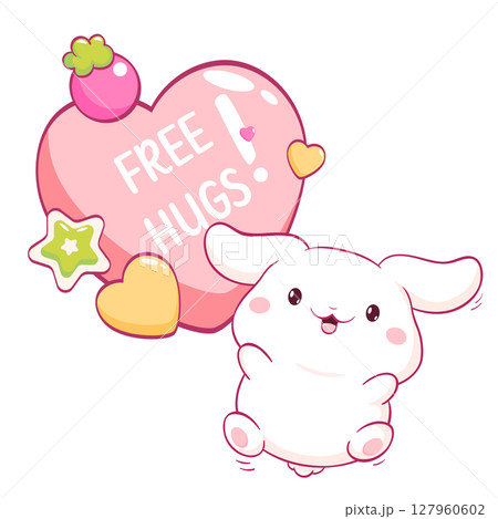Free hug. Friendly little bunny is in a hurry to hug you. Adorable kawaii pet is just waiting for a hug. Vector poster for nursery, greeting card, print, banner for home interior, kid t-shirt 127960602