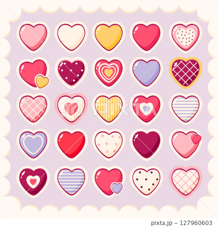 Set of stickers in kawaii style. Cute eye-catching tag, label with heart. Collection of cozy heart-shaped sticker. Can be used for t-shirt print, sticker, greeting card. Vector illustration EPS8 127960603
