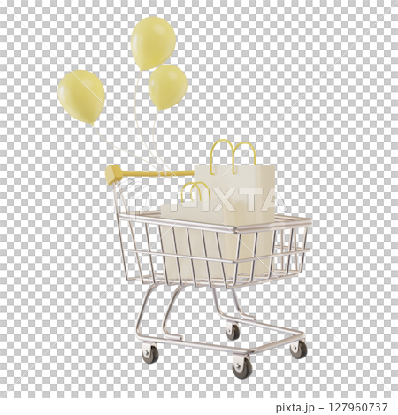 黃色氣球的購物車 3D 插圖 黃色氣球的購物車 3D 插圖 127960737
