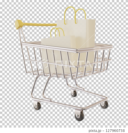 黃色購物車 3D 插圖 黃色購物車 3D 插圖 127960738