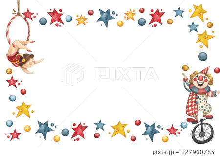 Rectangular frame with a circus gymnast and clown surrounded by stars and balls 127960785