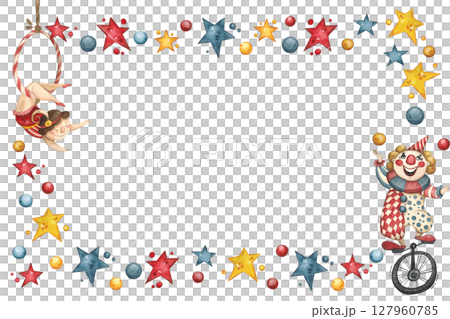 Rectangular frame with a circus gymnast and clown surrounded by stars and balls 127960785
