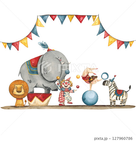 Composition of a circus elephant, zebra, lion, clown, gymnast Composition of a circus elephant, zebra, lion, clown, gymnast 127960786