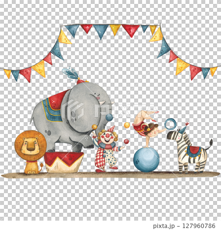 Composition of a circus elephant, zebra, lion, clown, gymnast Composition of a circus elephant, zebra, lion, clown, gymnast 127960786