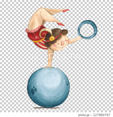 A girl gymnast stands with her hand on a blue ball with a ring 127960787