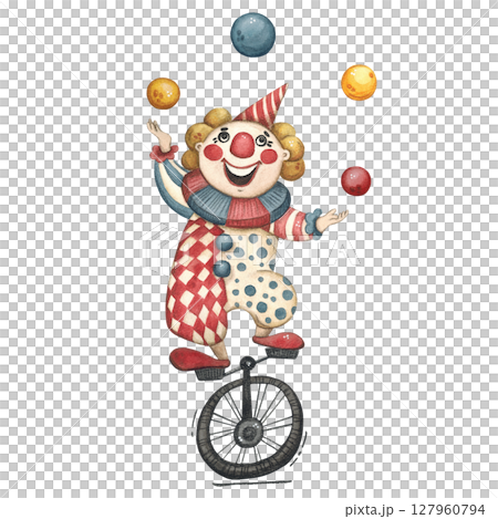 A clown on a unicycle juggles balls 127960794