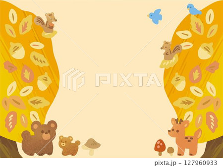 フレーム　秋　動物　熊　鹿　鳥　木　きのこ　紅葉　水彩　手描き　かわいい　背景　壁紙　イラスト素材 127960933