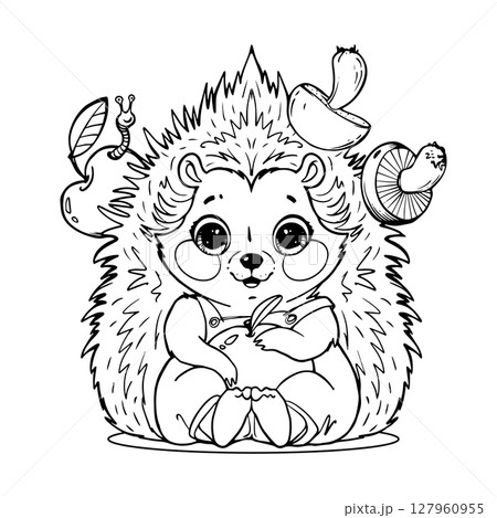 Sitting Baby hedgehog with mushrooms and apple, coloring page for kids, linear hand drawing, vector isolated on white background. 127960955