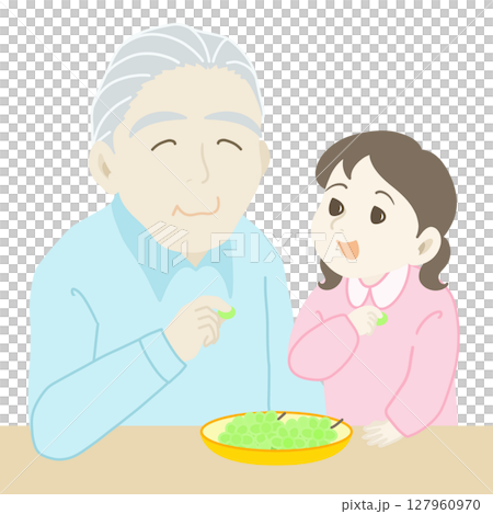 敬老の日_ぶどうを食べる祖父と孫 127960970