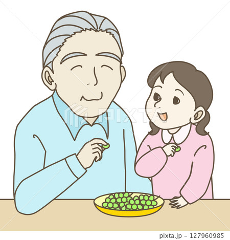敬老の日_ぶどうを食べる祖父と孫 127960985