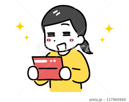 通帳を見て喜ぶ私服の若い女性(上半身) 通帳を見て喜ぶ私服の若い女性(上半身) 127960989