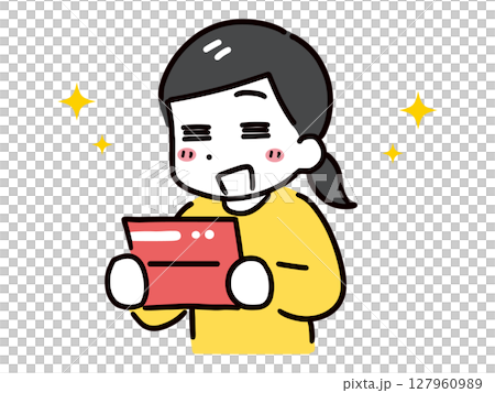 通帳を見て喜ぶ私服の若い女性(上半身) 通帳を見て喜ぶ私服の若い女性(上半身) 127960989