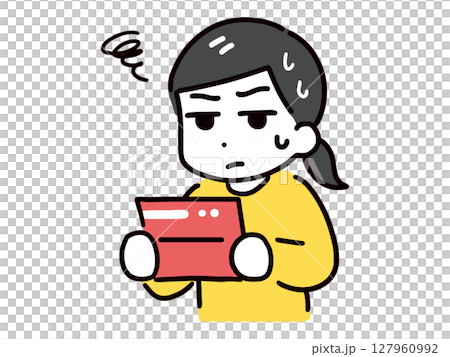 A young woman in casual clothes (upper body) looking troubled while looking at her bankbook. A young woman in casual clothes (upper body) looking troubled while looking at her bankbook. 127960992
