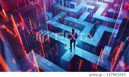 Debt Concept, Individual lost in a maze made of stock market graph 127961043