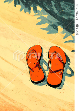 ビーチに置かれたサンダルの抽象的な夏イラスト 127961300