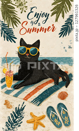 サングラスとカクテルで夏を楽しむポップな猫のイラスト 127961326