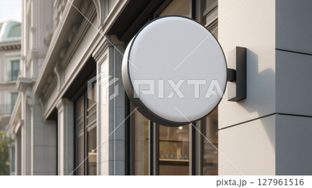 Charming circular shop sign on storefront 127961516
